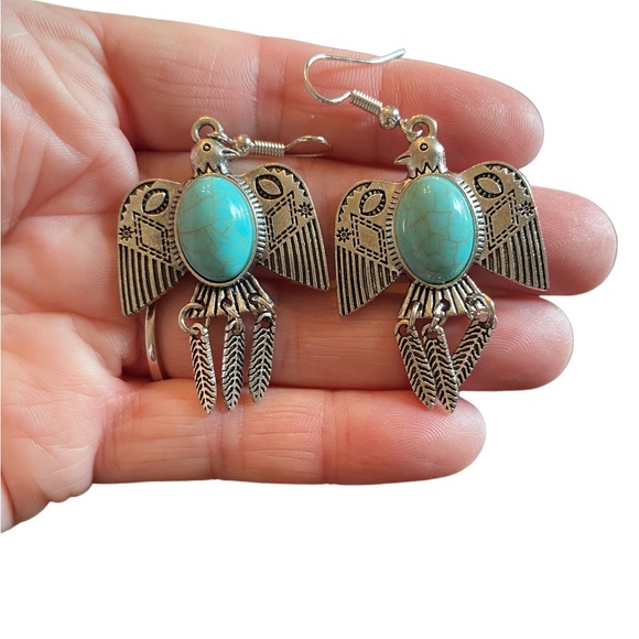Boho Native American Style Silver and Turquoise Earrings - Picture 2 of 6